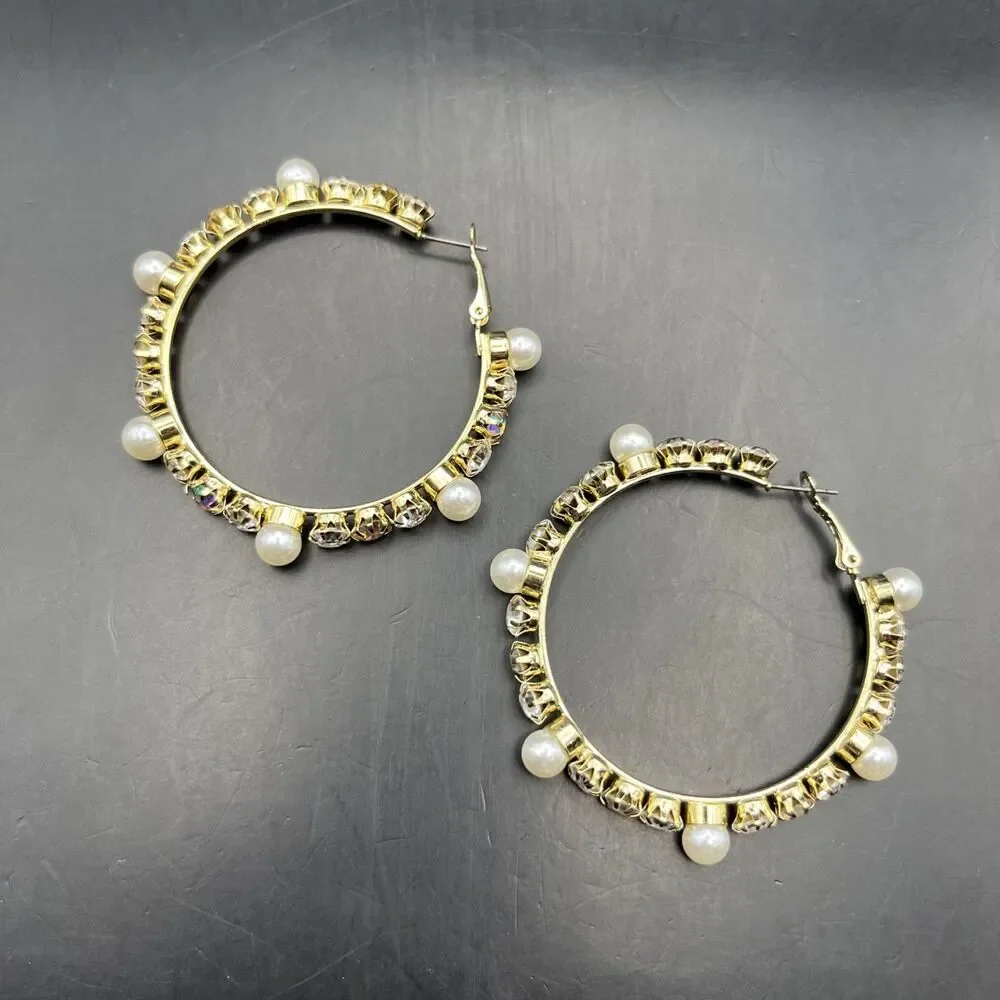 Big Bold Glam Hoop Earrings Faux Pearl Aurora Borealis Clear Rhinestone Goldtone